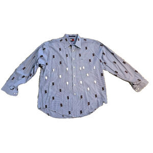 Tommy Hilfiger Men’s XL Button Down Shirt Blue Gingham Flag Embroidered 100% Cot